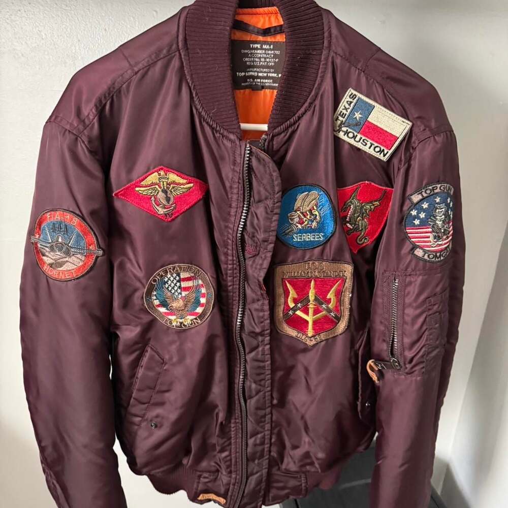 Top Gun MA-1 Nylon Flight Bomber Jacket with Patches - Maroon Burgundy Maroon